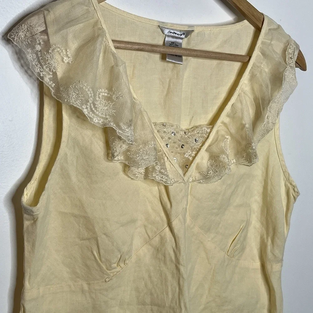 Y2K Linen Babydoll Top Butter Yellow Womens L Fairy Ethereal Lace Ruffled Pastel - Picture 2 of 7
